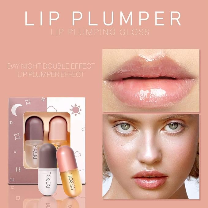 DEROL Lip Plumper by Vafee, Natural Lip Plumper and Lip Care Serum, Lip Enhancer for Fuller, Lip Mask, Beautiful Fuller, Hydrating & Reduce Fine Lines 5.5ML (Day& Night)-VivaGrace Women