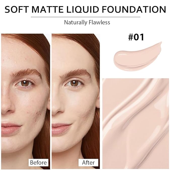 2 Pack Liquid Foundation Cream with Foundation Brush for Face Makeup,Durable Full Coverage Matte Concealer Make Up,Oil Control & Waterproof Base Primer -1 Fl.Oz (#01)-VivaGrace Women