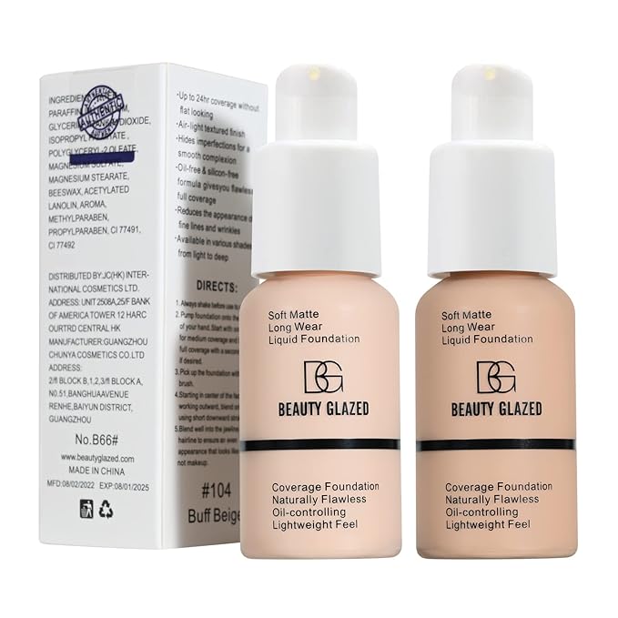 Beauty Glazed Soft Matte Silky Full Coverage Liquid Foundation, Multi-Use Buildable Foundation Lightweight Feel Oil Control Longwear Naturally Flawless Coverage Foundation (102 Nude)-VivaGrace Women