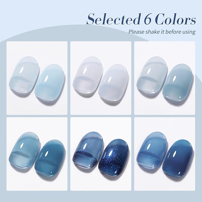 BORN PRETTY Jelly Blue Gel Nail Polish Set 6 Colors Translucent Light Blue Baby Blue Royal Blue Reflective Glitter Blue Nail Gel Kit Soak Off Nail Art Manicure Design Home Salon Holiday Gift-VivaGrace Women