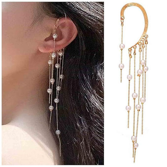Boho Pearl Ear Wrap Earrings Gold Pearl Ear Cuff Earrings Long Drop Tassel Pearl Earrings Festival Gothic Earrings Non Piercing Ear Climber Cartilage Earrings Jewelry for Women and Girls-VivaGrace Women