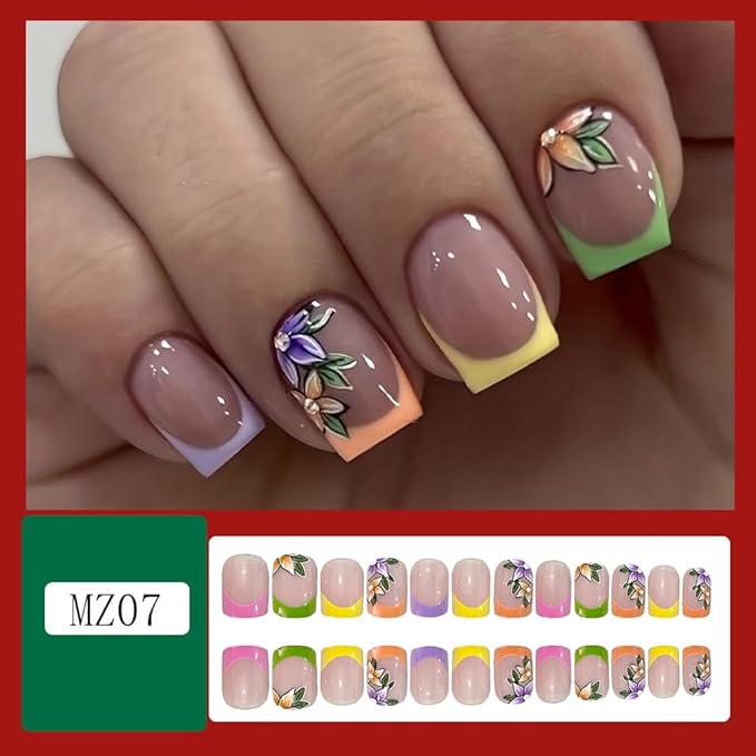 French Tip Press-on Nails: Short Square Fake Nails with Cute Flower Designs, Acrylic, Gloss Finish - Spring Colors Set for Women's Manicure
