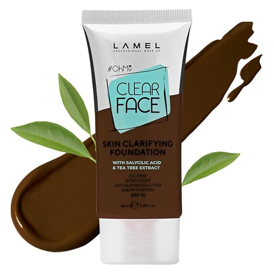 LAMEL OhMy Clear Face Full Coverage Foundation - Acne Coverage - Salicylic Acid & Tea Tree Extract - Dewy & Flawless Finish - Sensitive Skin Care - Organic & Oil-Free - 412, 1.35 fl.oz-VivaGrace Women