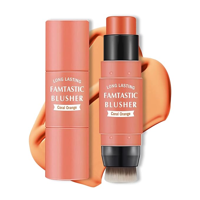 Cream Blush Stick with Brush,Waterproof Blush Makeup,Long Lasting 3 In 1 Cheek Blush & Lip Tint & Eye Shadow Makeup Stick,Easy To Use Blends Effortlessly,Cream Blush Makeup for All Skin Tones - Coral Orange-VivaGrace Women