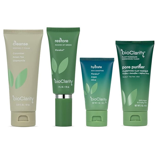 BioClarity 3-Step Essentials Skin Routine + Clarifying Mask for Normal & Oily Skin Types | Cleanse, Restore and Moisturize | Gentle Clean and Hydrate Face |100% Clean, Vegan Ingredients (Mini Size)-VivaGrace Women