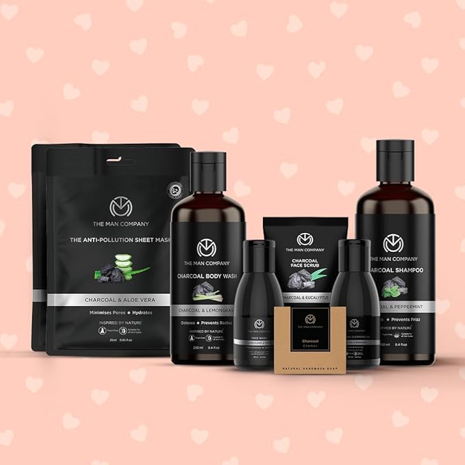 The Man Company Ultimate Charcoal Detan Kit with Elegant Gift Box | Charcoal Body wash, Shampoo, Face Scrub, Face wash, Charcoal Soap, Cleansing gel, Charcoal Sheet mask*2 (Set of 8)-VivaGrace Women