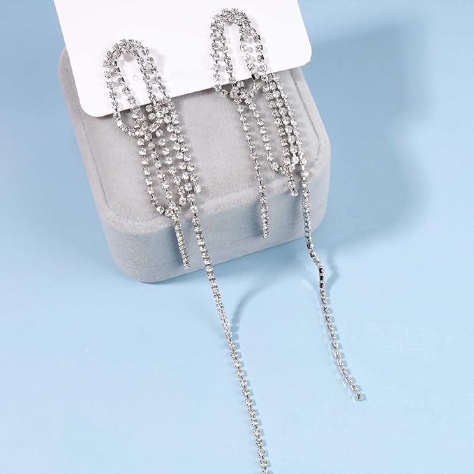 Rhinestone Tassel Ear Jacket Earrings Long Rhinestone Chain Earrings Silver Crystal Tassel Earrings Vintage Chandelier Chain Earrings Luxury Statement Earrings Jewelry for Women and Girls Gifts-VivaGrace Women