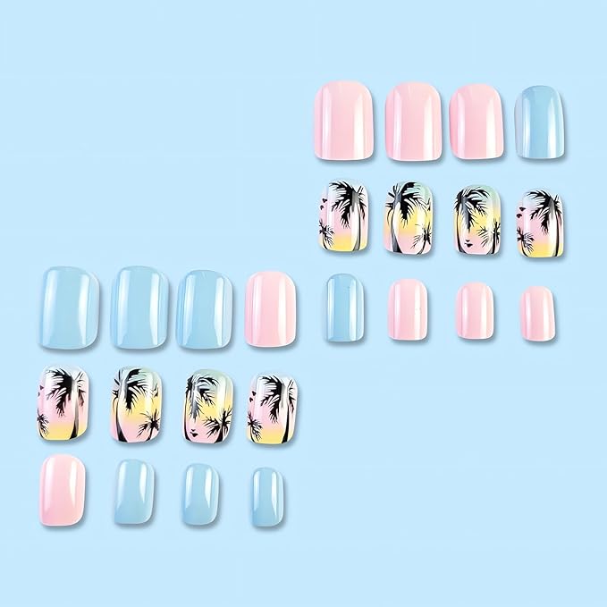 24 Pcs Summer Press on Nails Short Square Fake Nails Cute Palm Tree Designs False Nail Tips Glossy Blue Pink Acrylic Nails Full Cover Beach Glue on Nails Short Artificial Stick on Nails for Women