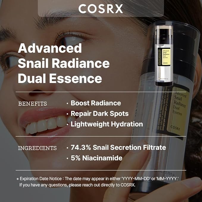 COSRX Niacinamide 5% + Snail Mucin 74% Dual Essence, Anti aging Face Serum for Dull Skin, Hydrating, Brightening, Repairing, 2.70 fl.oz / 80ml, Sensitive Skin, Not Tested on Animals, Korean Skincare-VivaGrace Women