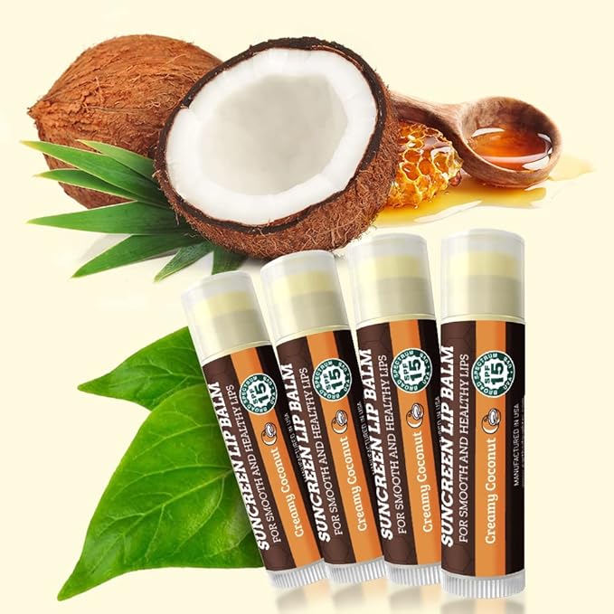SPF Lip Balm 4-Pack by Earth's Daughter - Lip Sunscreen, SPF 15, Organic Ingredients, Coconut Flavor, Beeswax, Coconut Oil, Vitamin E - Hypoallergenic, Paraben Free, Gluten Free, New-VivaGrace Women