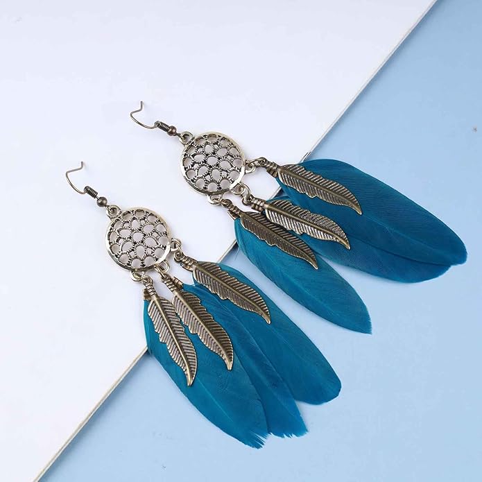Boho Black Feather Dangle Earrings Long Feather Tassel Earrings Vintage Tribal Feather Earrings Gold Feather Drop Earrings Jewelry for Women-VivaGrace Women