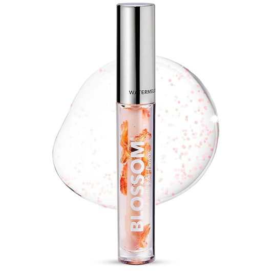 Blossom Moisturizing and Hydrating Shimmer Sparkle Lip Oil with Olive Oil + Grape Seed Oil, Infused with Real Flowers, 3g, Watermelon-VivaGrace Women