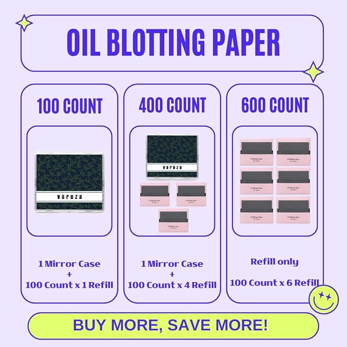 [600 Counts Refills Only] Natural Bamboo Charcoal Oil Blotting Sheets for Face with Mirror Case and Refills-VivaGrace Women