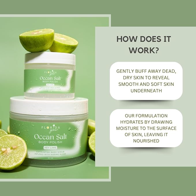 Sea Salt Body Scrub by Florida Suncare - Ocean Salt Body Polish Infused with Marine Algae - Exfoliating Face and Body Scrub - Facial Scrub Exfoliator to Tackle Acne (Key Lime, 3.3 oz)-VivaGrace Women