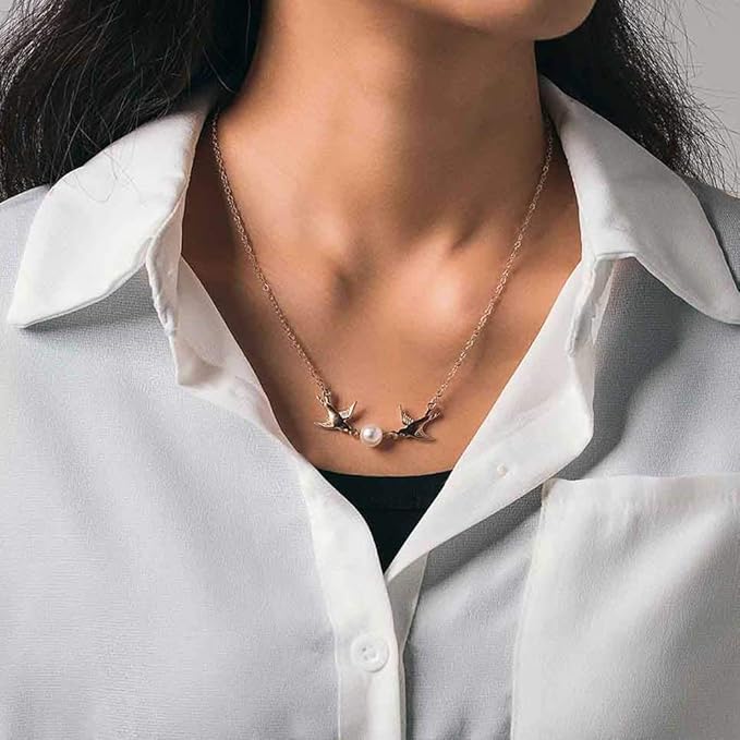 Vintage Pearl Necklace Long Birds Necklace Chain Pendant Necklaces Jewelry for Women and Girls (Gold)-VivaGrace Women