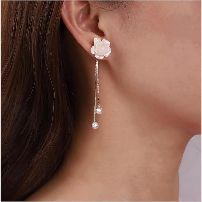 Vintage Flower Pearl Drop Earrings Long Tassel Pearl Earrings White Camellia Stud Earring Gold Pearl Chain Dangle Earrings Jewelry for Women-VivaGrace Women