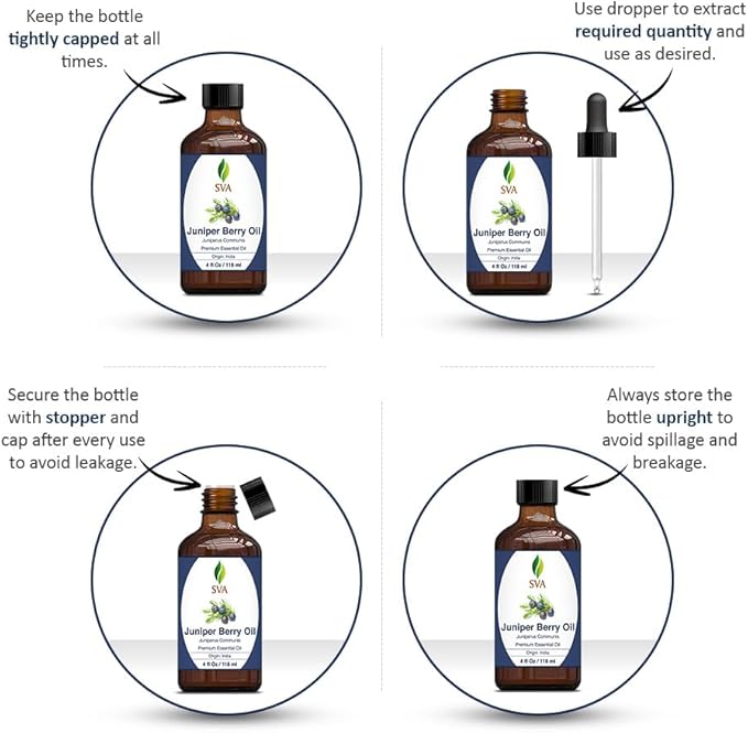 SVA Juniper Berry Essential Oil – 4 Fl Oz – 100% Natural Juniper Oil - for Diffuser, Hair Care, Face, Skin Care, Aromatherapy, Scalp and Body Massage, Soap and Candle Making – with Dropper-VivaGrace Women