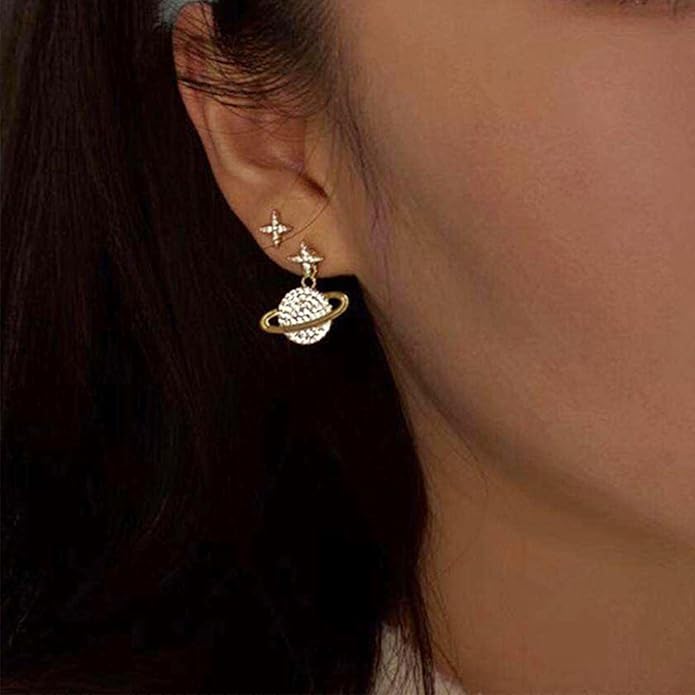 Crystal Saturn Planet Jacket Earrings Vintage Saturn Dangle Earrings Rhinestone Planet Drop Earrings Gold Cz Northstar Stud Earrings Celestial Front Back Earrings for Women Gifts-VivaGrace Women
