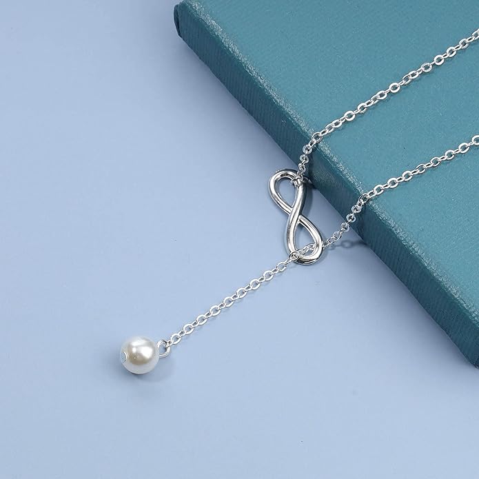 Boho Pearl Infinity Necklace Silver Y Pearl Necklace Minimalist Chain Y Lariat Necklace Chain Jewelry for Women and Girls-VivaGrace Women