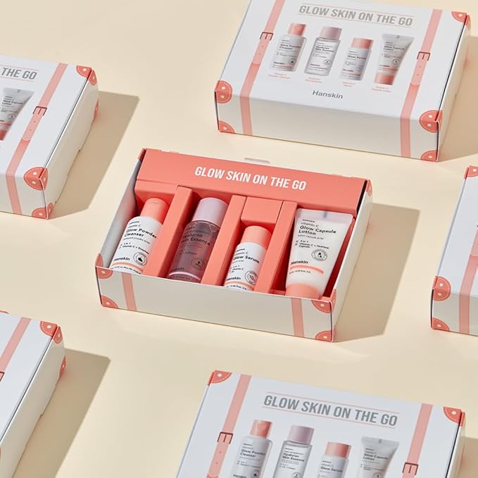 Hanskin Glow Skin On The Go Kit, Set of 4, Essential Travel Skincare Set for Glowing & Nourishing Skin on the Plane, Powder Cleanser Skin Essence and Facial Serum Cleansing Balm-VivaGrace Women