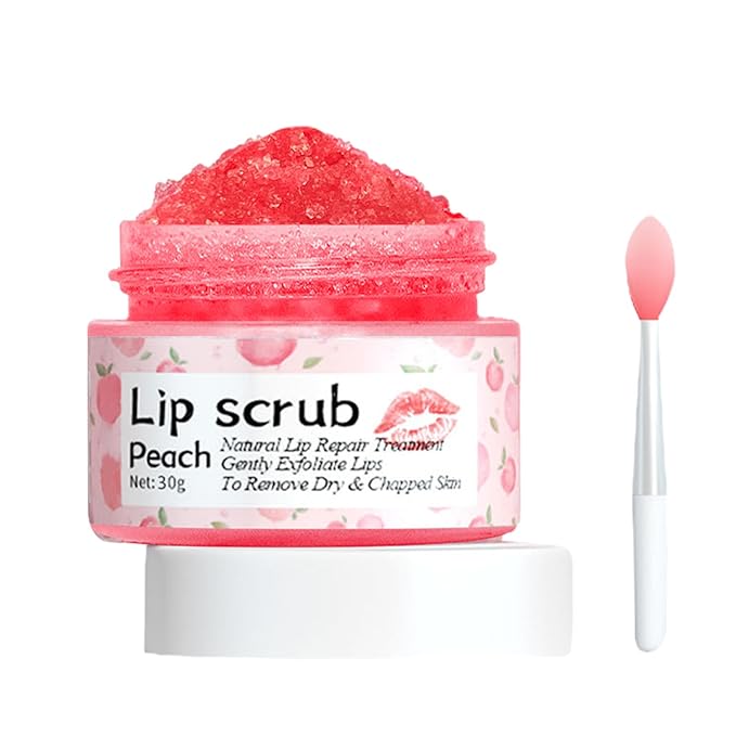 Lip Scrub, Lip Scrubs Exfoliator & Moisturizer,Lip Scrub for Dark Lips,Natural Sugar Lip Scrub with Lip Brush,Repair Cracked Lips,Chapped Lips (Peach)-VivaGrace Women