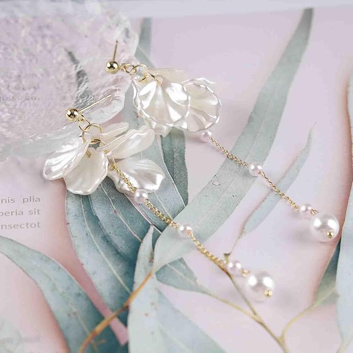 Vintage Pearl Flower Drop Earrings Long Pearl Chain Earrings Gold Pearl Tassel Earrings White Flower Dangle Earrings Jewelry for Women-VivaGrace Women