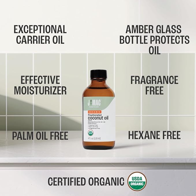 J MAC BOTANICALS Organic Fractionated Coconut Oil (4 oz Glass Bottle) Organic Carrier Oil and moisturizer-VivaGrace Women