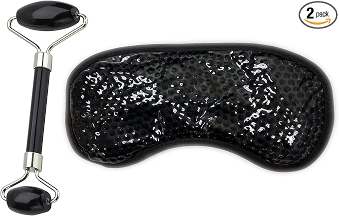 Eye Mask Set (2packs) - Hot and Code Eye Mask and Facial Roller Tools Set 100% Natural Jade Stone Beauty Massage Body Eyes Neck for Dark Circles and Puffiness-Color Black-VivaGrace Women