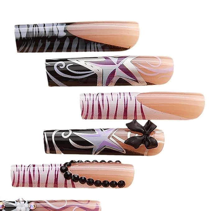 Extra Long Nail XL Nails with Design - Square False Nails - Press Ons Black & Nude