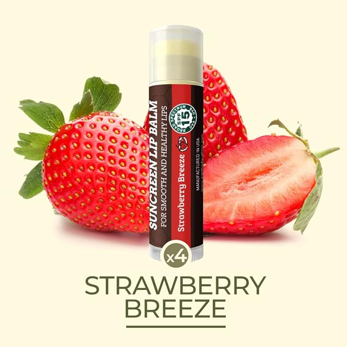 SPF Lip Balm 4-Pack by Earth's Daughter - Lip Sunscreen, SPF 15, Organic Ingredients, Strawberry Flavor, Beeswax, Coconut Oil, Vitamin E - Hypoallergenic, Paraben Free, Gluten Free-VivaGrace Women