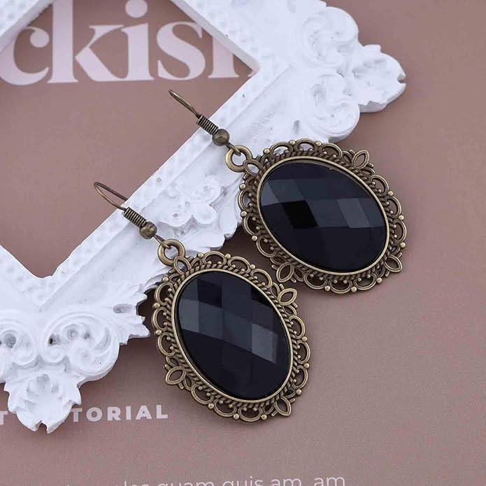 Vintage Black Crystal Drop Earrings Oval Onyx Dangle Earrings Large Onyx Stud Earrings Black Gem Hook Earrings Jewelry for Women and Girls-VivaGrace Women