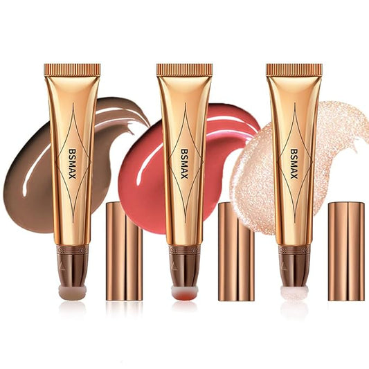 3 Pcs Liquid Contour Beauty Wand Set, Contour & Blush & Highlighter Stick with Cushion Applicator， Attached Easy to Blend, Long Lasting & Smooth Natural Matte Finish (01#03#04)-VivaGrace Women