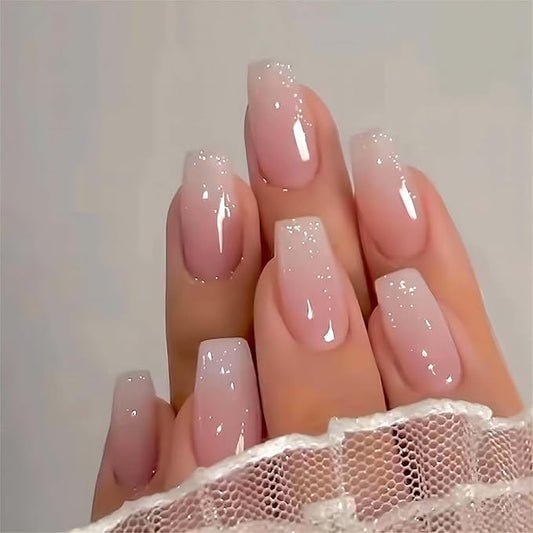 Pink Press On Nails Medium Coffin Fake Nails Glossy Acrylic False Nails with Glitter Designs Ombre Pink Full Cover Press Ons Fall Winter Holiday Stick on Nails for Women 24Pcs