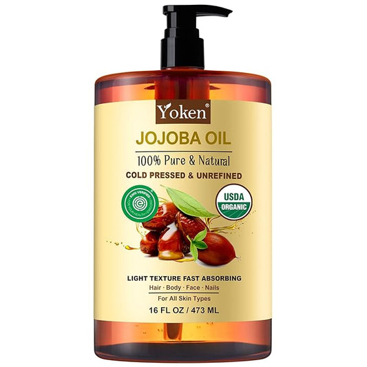 Yoken Pure Jojoba Oil Organic USDA Certified 16 fl oz, 100% Natural Jojoba Oil for Hair, Skin & Face, Cold Pressed Unrefined, Deeply Moisturizing Body Carrier Oils for Essential Oils Mixing-VivaGrace Women