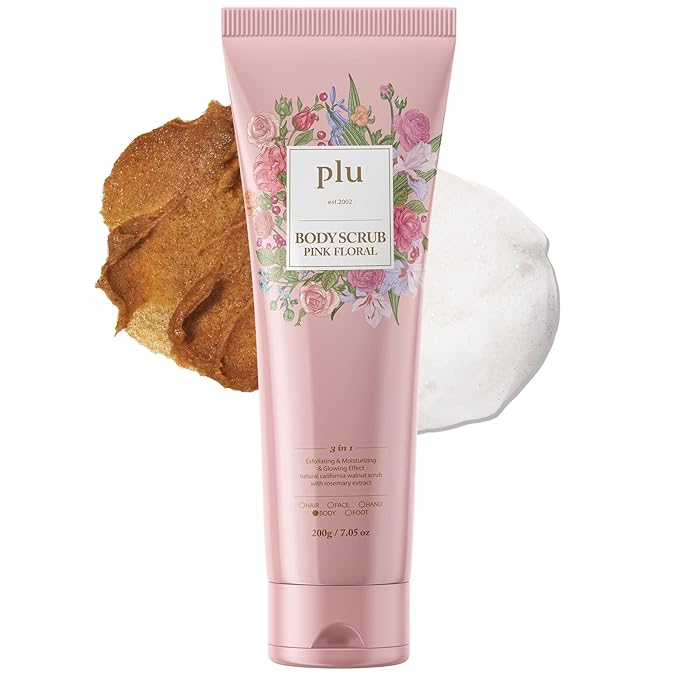 PLU Korean Walnut Body Scrub Pink Floral with Manuka Honey - Exfoliating & Moisturizing & Firming Glow - for Acne, Cellulite, Stretch Marks, Spider Veins, Fresh & Elegance Rose Scent 6.76 oz.-VivaGrace Women