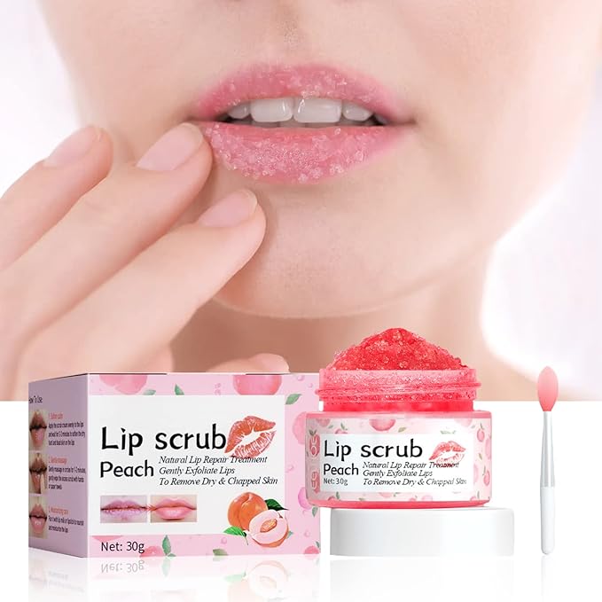 Lip Scrub, Lip Scrubs Exfoliator & Moisturizer,Lip Scrub for Dark Lips,Natural Sugar Lip Scrub with Lip Brush,Repair Cracked Lips,Chapped Lips (Peach)-VivaGrace Women