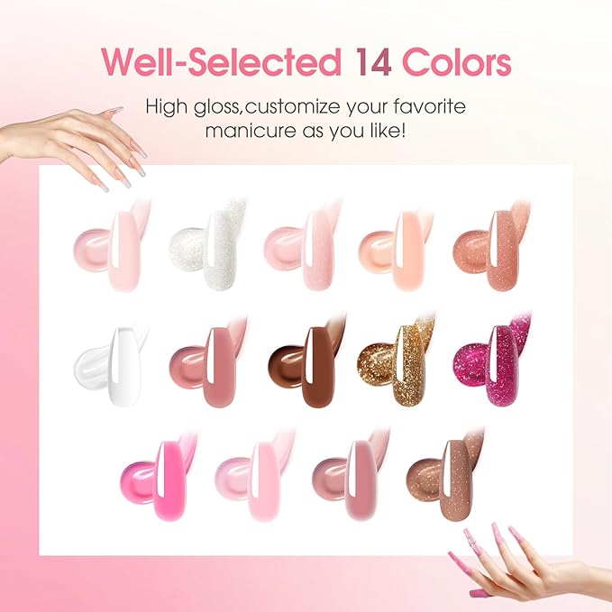 ROSALIND 14 Colors Poly Nail Gel Kit with Mini Nail Lamp Pink Brown Poly Nails Gel Kit Starter Kit With Slip Solution Kit Pink Extensions Gelfor Nail Manicure Beginner-VivaGrace Women