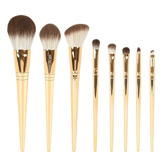 8pcs Gold Makeup Brush Set for All Skill Levels Easy Clean Soft Lint Free Brushes Travel Friendly Kit Foundation Powder Eyeshadow Blush Contour-VivaGrace Women