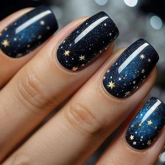 Curvlife Press on Nails Acrylic Fake Nails with Design Full Cover False Nails Reusable Nail Kit with Nail Glue Adhesive Tabs Nail File Artificial Glue on Nails (starry sky, Medium)