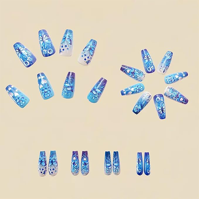Medium Coffin Fake Nails Flower Press on Nails Spring Glue on Nails Full Cover Butterfly Stick on Nails Reusable Heart Flower False Nails for Women Spring Nails Manicure Kit 24Pcs