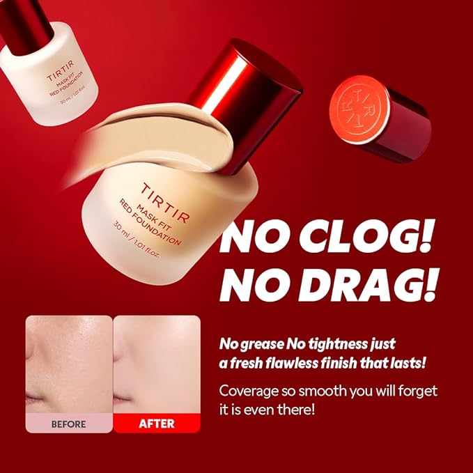 TIRTIR Mask Fit Red FoundationㅣLong Lasting Flawless Coverage, Energy Essence, Lightweight, Hydrating, Pore-Blurring, Breathable Satin Finish, Makeup, Radiant Skin, #22N Shell Beige, 1.01 Fl Oz-VivaGrace Women