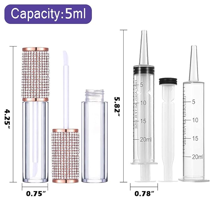 AMORIX 24 Pack Crystal Rhinestone Lip Gloss Tubes with Wand 5ml Empty Lip Gloss Containers Lipgloss Bottles with Stoppers 2pcs Syringes + Labels for DIY Lip Gloss Balm