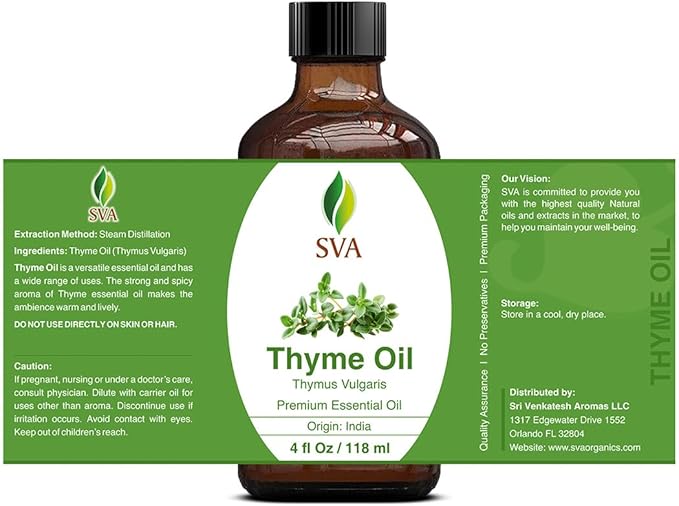 SVA Thyme Essential Oil – 4 Fl Oz – 100% Natural Thyme Oil - for Diffuser, Hair Care, Face, Skin Care, Aromatherapy, Scalp and Body Massage, Soap and Candle Making – with Dropper-VivaGrace Women