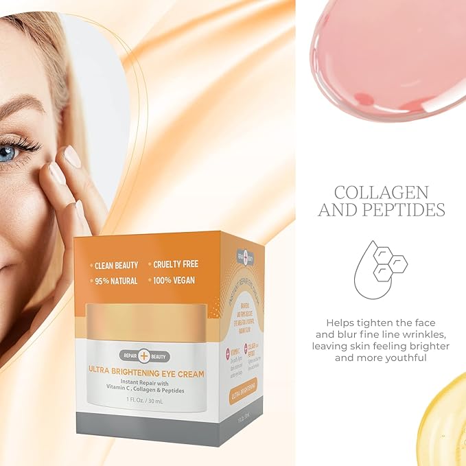 Vitamin C, Collagen and Peptides Eye Cream - Reduces Dark Circles, Puffiness & Eye Bags, Brightening Under Eye Cream - Cruelty Free Korean Skin Care For All Skin Types - 1.0 Fl. oz/ 30ml-VivaGrace Women