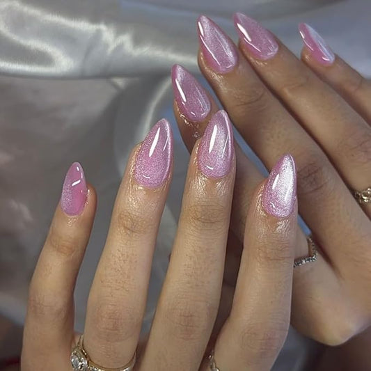 KQueenest Glitter Cat Eye Press on Nails Short Almond with UV Coating, Thick Cute Gel Nails Press on, Gloss Acrylic Fake Nails Glue on with Bling Designs - 30 Reusable False Nails, Lilac Sparkle