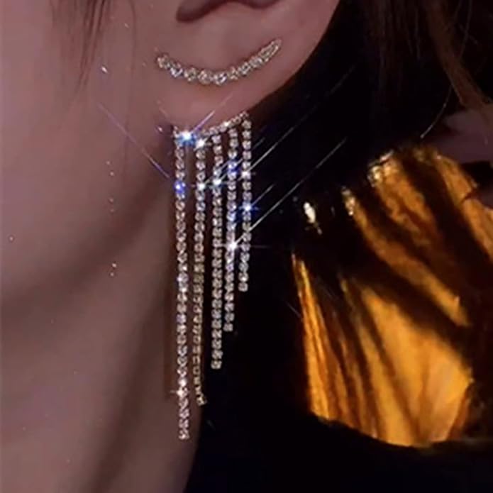 Vintage Rhinestone Chandelier Drop Earrings Crystal Ear Climber Earrings Long Tennis Chain Earrings Silver Cz Tennis Chain Tassel Earrings Jewelry for Women-VivaGrace Women