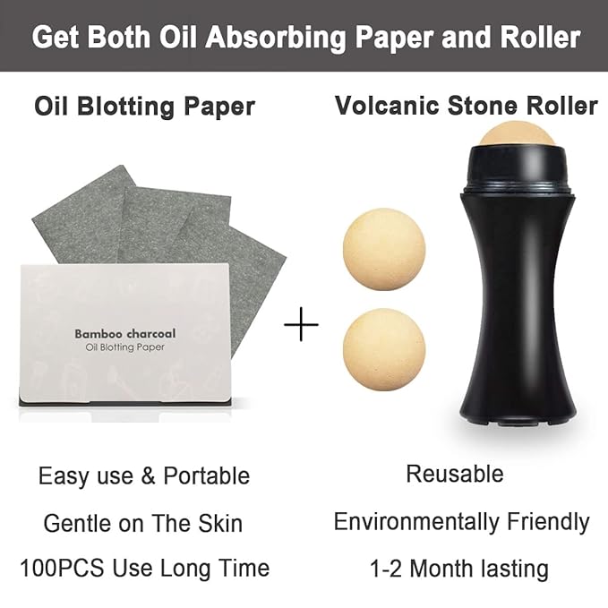 103 PCS Volcanic Roller Oily Skin Oil Control On The Go Volcanic Face Roller Oil Absorbing Volcanic Roller with Oil Blotting Sheet Paper for Oily Skin Care Oil Control Film Tissues(Type1)-VivaGrace Women