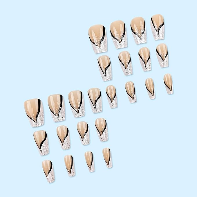 Coffin Press on Nails French Tip Fake Nails Medium False Nails with Glitter Designs Medium Coffin Nail Press ons Nude Full Cover Glue on Nails Cute Stick on Nails for Women 24Pcs