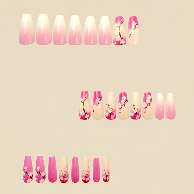 Press on Nails Medium Coffin Fake Nails with Flower Designs Nude Pink Gradient Full Cover Stick on Nails Purple Artificial Acrylic Nails for Women and Girls