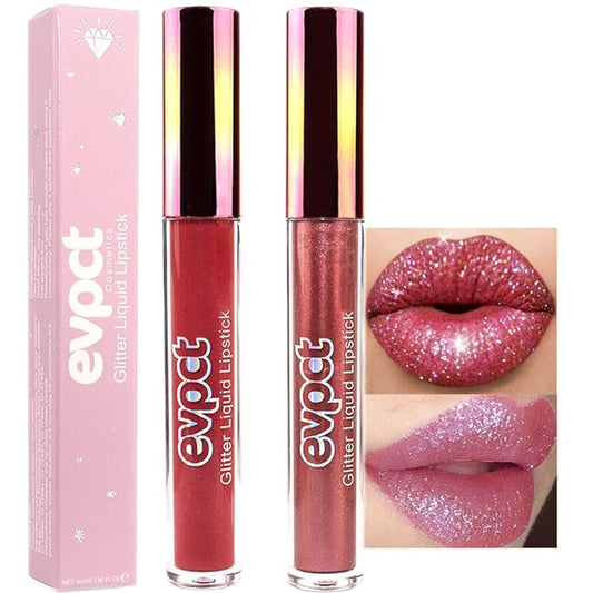 evpct 2Pcs Wine Red Plum Red Matte to Glitter Liquid Lipstick Set Kit for Women Long Lasting Glossy Metallic Shimmer Sparkle Lipstick Lip Gloss 6+15-VivaGrace Women